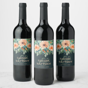 Peach Floral Watercolor on Teal Wine Label
