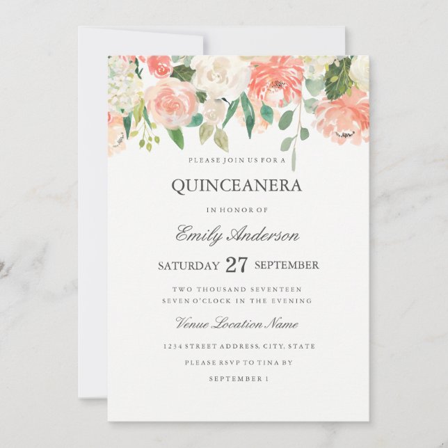 Peach Floral Watercolor Quinceanera Invitation (Front)
