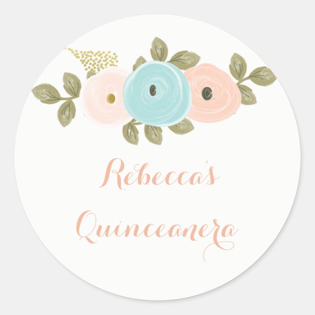 Peach Floral Watercolor Quinceanera Sticker (Front)