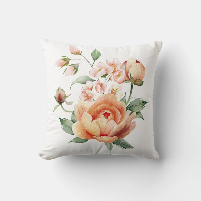 Peach Floral Watercolor Throw Pillow Cover (Front)
