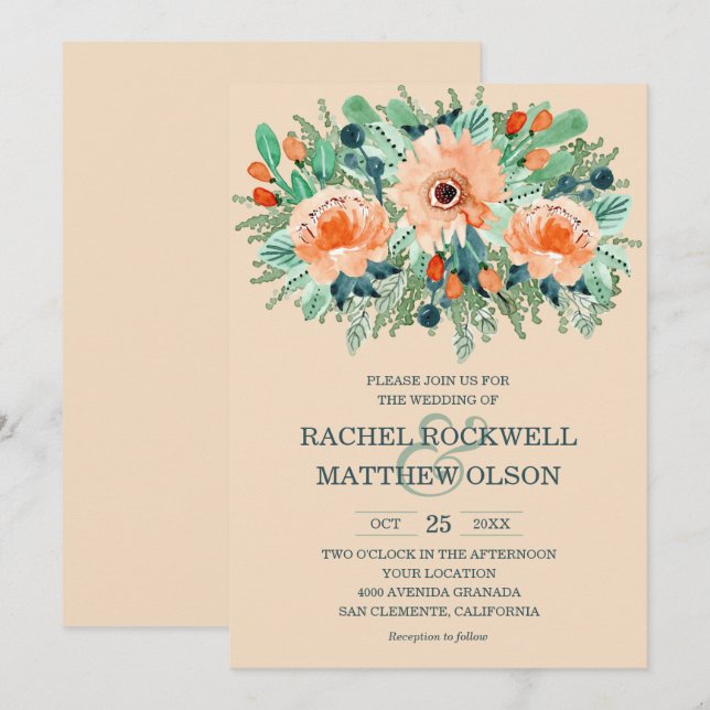 Peach Floral Watercolor Wedding Invitations (Front/Back)