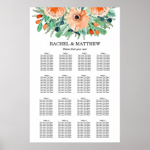 Peach Floral Wedding 16 Table Seating Chart