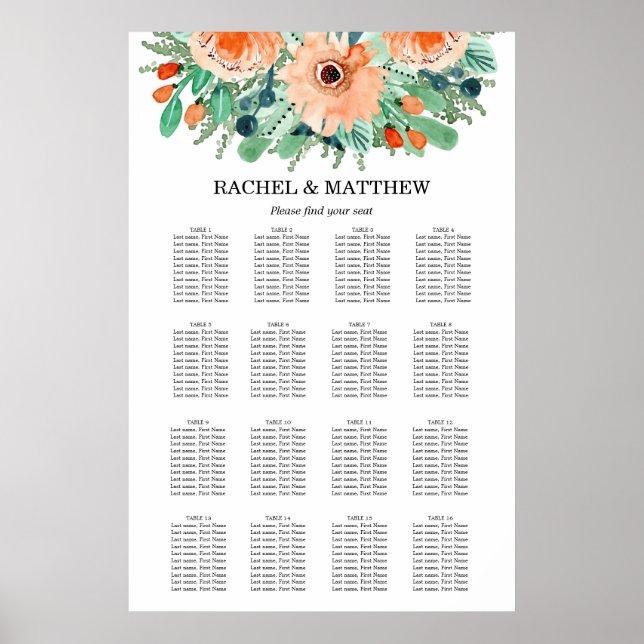 Peach Floral Wedding 16 Table Seating Chart (Front)