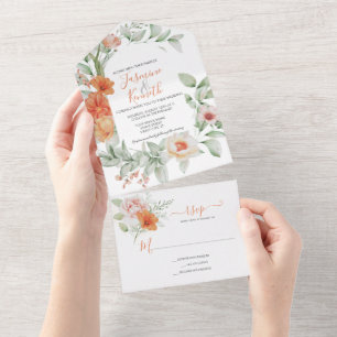 Peach Floral Wedding All In One Invitation