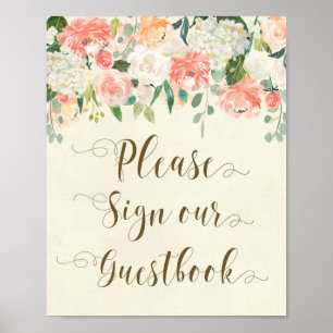 peach floral wedding guestbook sign ivory