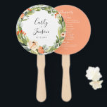 Peach Floral Wedding Hand Fans<br><div class="desc">Beautiful watercolor garden wreath in shades of peach,  orange,  grey and green,  back features solid cantaloupe colour background and lines of text for a detailed list of the wedding party. Personalise text,  customise font style,  colour and size.  Designed to match our Chic Peach Botanical Collection.</div>