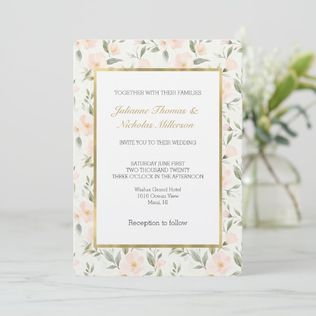 Peach Floral Wedding Invitation (Standing Front)