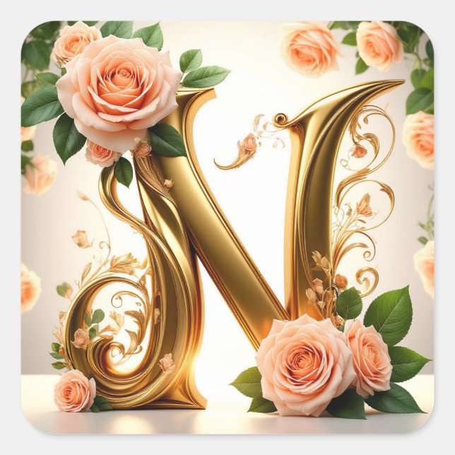 🌷 Peach Floral Wedding Monogram N Decor 🌼 Square Sticker (Front)