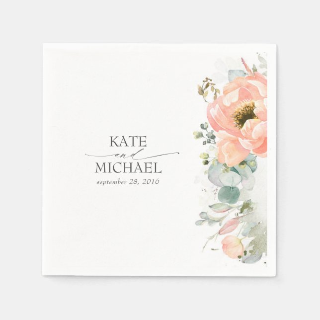 Peach Floral Wedding Napkin (Front)