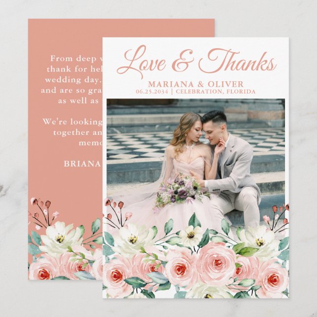 Peach Floral Wedding Photo Thank You Card (Front/Back)