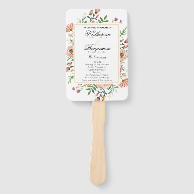 Peach Floral Wedding Program Hand Fan (Front)