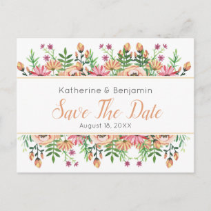 Peach Floral Wedding Save The Date Announcement Postcard
