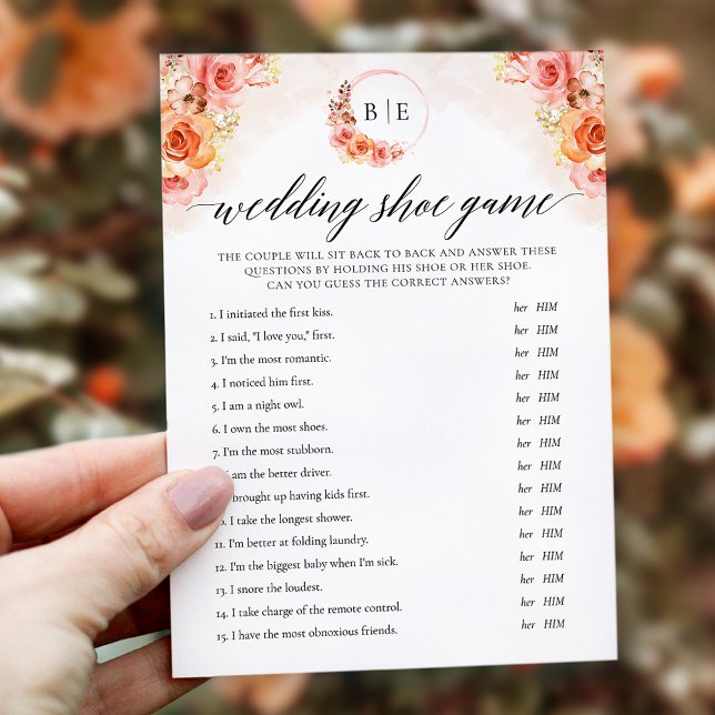 Peach Floral Wedding Shoe Game Monogram Card (Creator Uploaded)