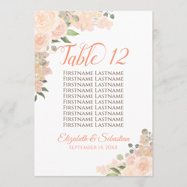 Peach Floral Wedding Table Number & Names Large (Back)