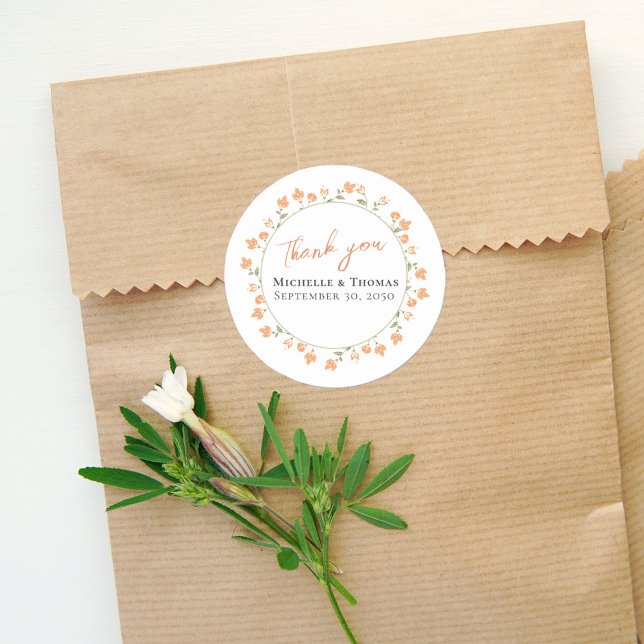 Peach Floral Wedding Thank You Custom Classic Round Sticker (Peach floral wedding thank you a sticker with stylish calligraphy script. )