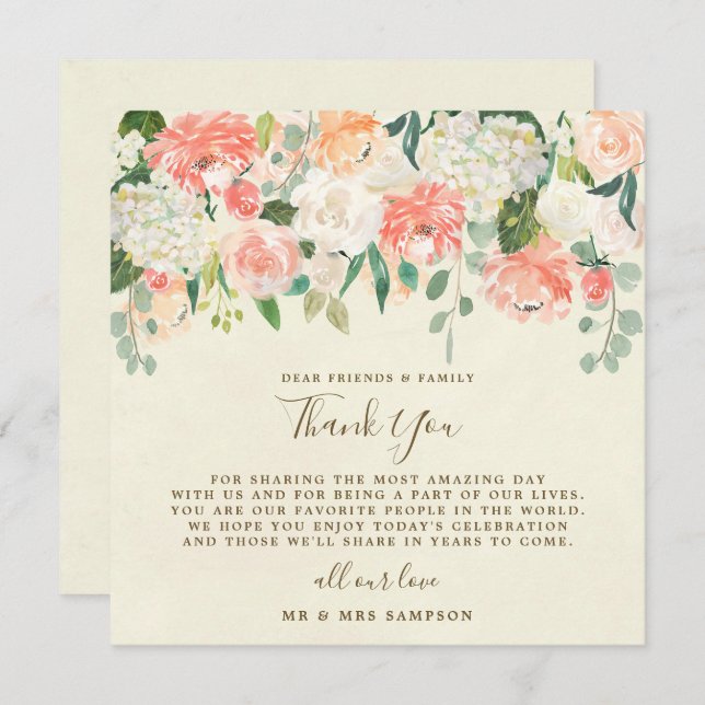 peach floral wedding thank you reception card (Front/Back)