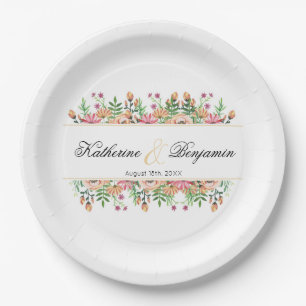 Peach Floral Wedding with name Paper Plate