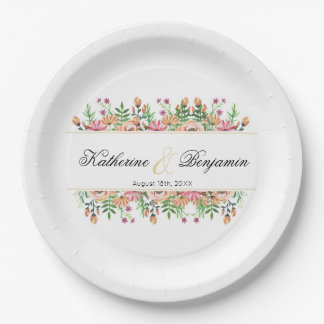 Peach Floral Wedding with name Paper Plate
