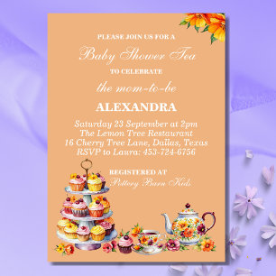 Peach Floral Whimsical Tea Baby Shower   Invitation