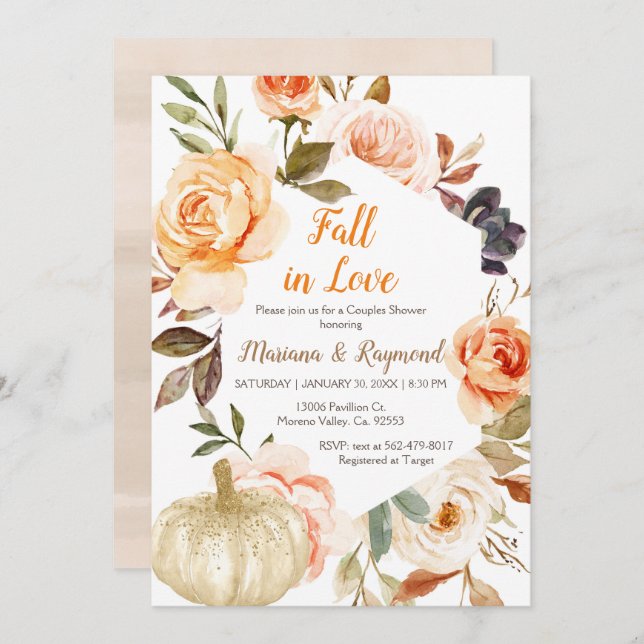 Peach Floral White Glitter Pumpkin Couples Shower  Invitation (Front/Back)