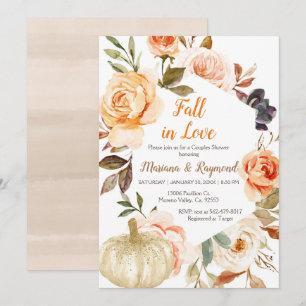 Peach Floral White Glitter Pumpkin Couples Shower  Invitation