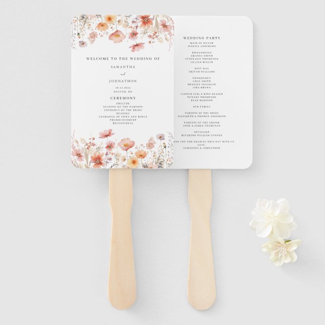 Peach Floral Wildflower Wedding Program  Hand Fan (Front and Back)