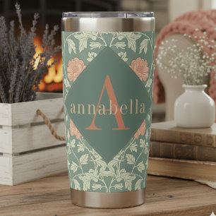 Peach Floral William Morris Elegant Monogram Insulated Tumbler