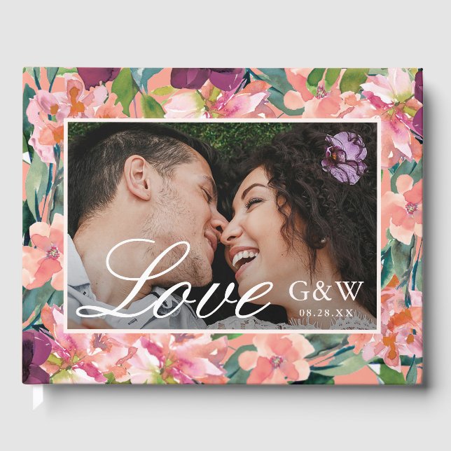 Peach Floral with Love Script Photo Wedding Guest Book (Front)