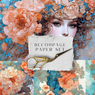 Peach Floral Woman Portrait Furniture Decoupage Wrapping Paper Sheet