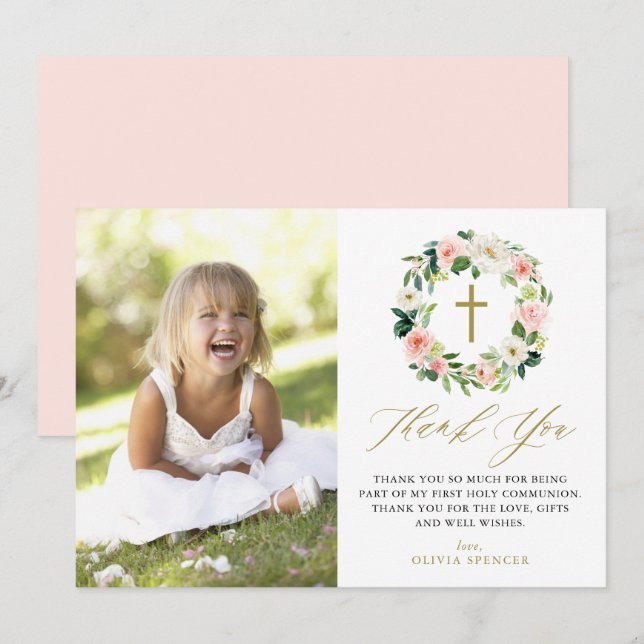 Peach Floral Wreath Photo First Holy Communion Thank You Card (Front/Back)