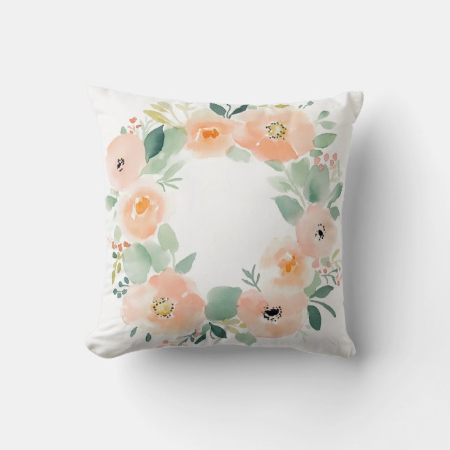 Peach Floral Wreath Pillow (Front)