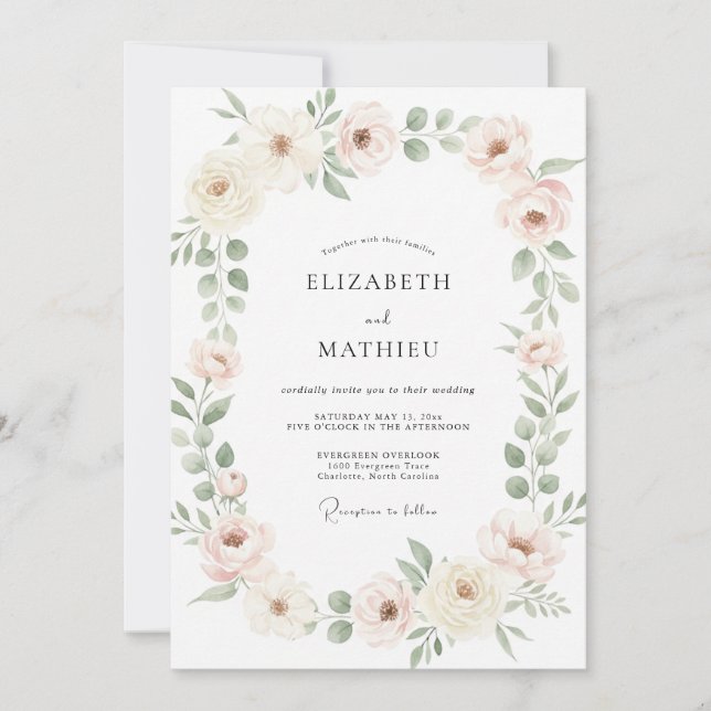 Peach Floral Wreath Wedding Invitation (Front)