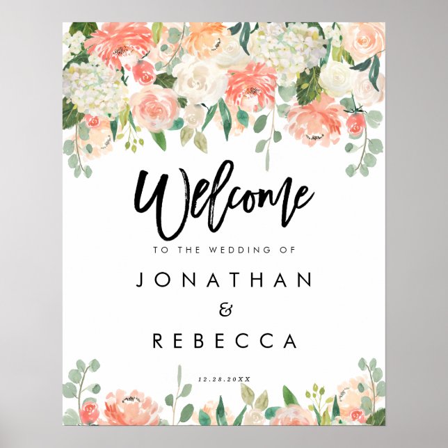 peach florals greenery wedding welcome sign poster (Front)