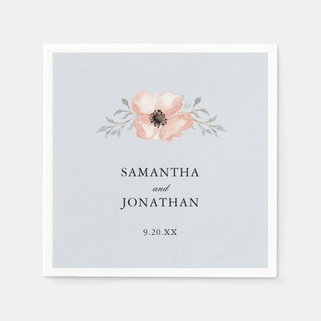 Peach Flower Dusty Blue Wedding Napkin (Front)