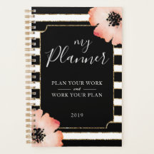 Peach Flower Stripes Black White Gold Planner