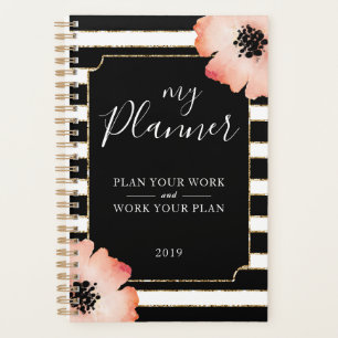 Peach Flower Stripes Black White Gold Planner