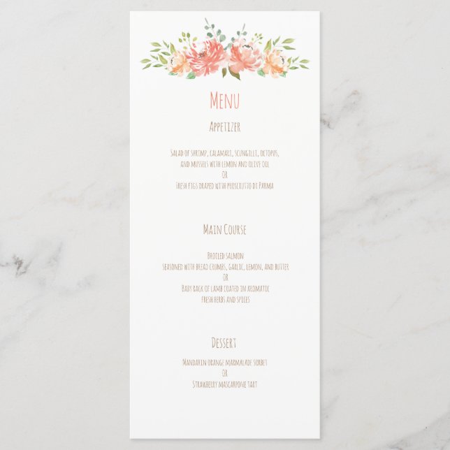 Peach flower watercolor wedding menu (Front)