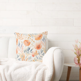 Peach Flowers and Dusty Blue Contemporary Cushion