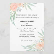 Peach flowers and eucalyptus wedding invitatation