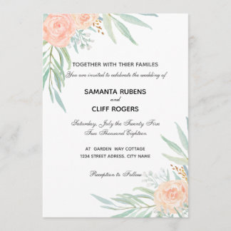 Peach flowers and eucalyptus wedding invitatation invitation
