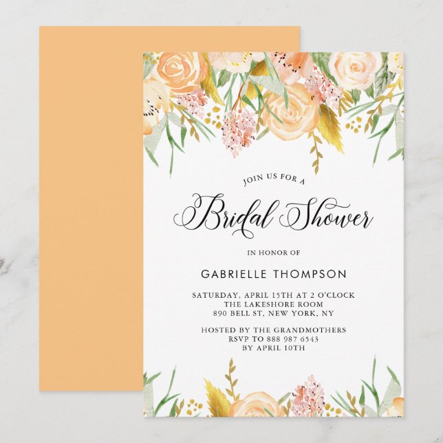 Peach Flowers and Gold Leaves Bridal Shower Invitation (Front/Back)