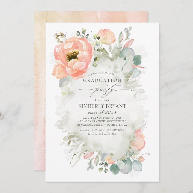 Peach Flowers and Greenery Elegant Graduation Invitation (Front/Back)