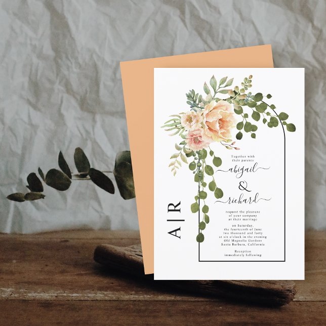Peach flowers, arch and monogram spring wedding invitation (Creator Uploaded)
