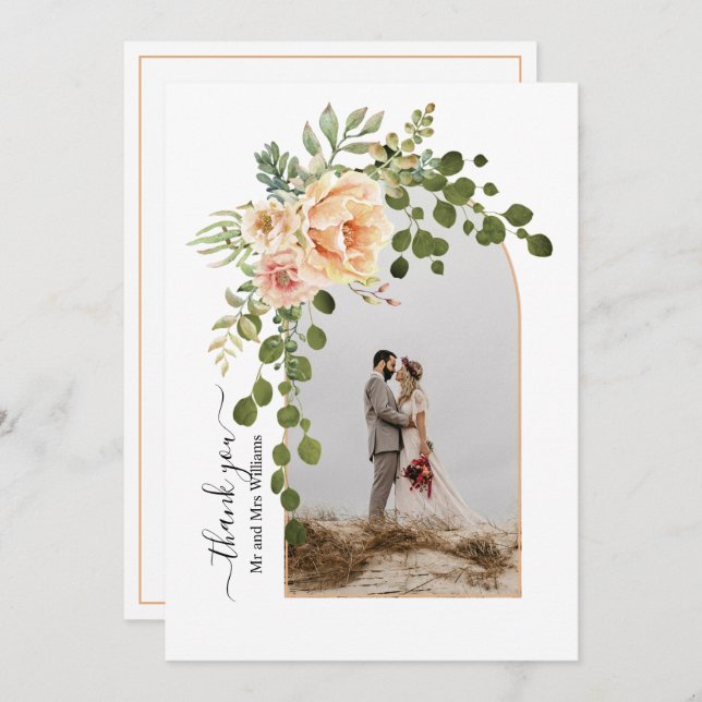 Peach flowers, arch with photo fall wedding thank you card (Front/Back)
