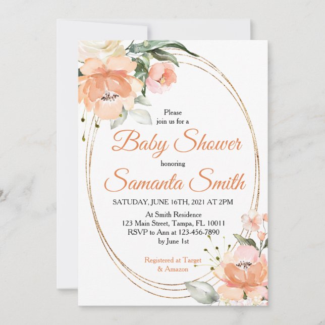 Peach Flowers Baby Shower Invitation (Front)