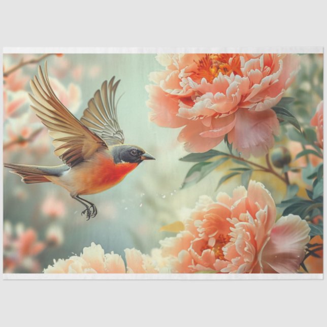 Peach Flowers Bird Decoupage  Tissue Paper (Front)