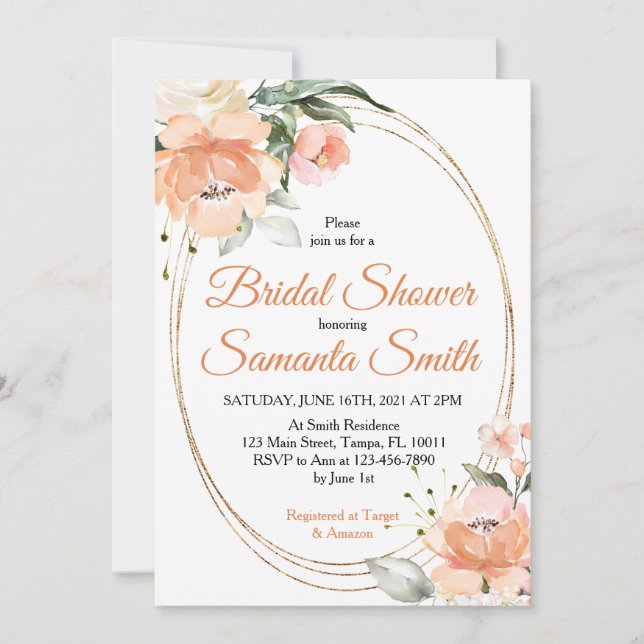 Peach Flowers Bridal Shower Invitation (Front)