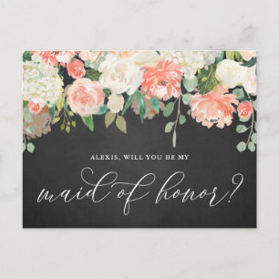 Peach Flowers Chalkboard Be My Maid of Honour Postcard