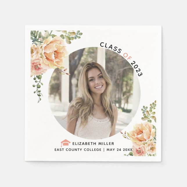 Peach flowers Class of 2022 graduation photo Napkin (Front)
