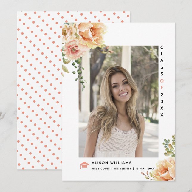 Peach flowers Class of 2025 graduation photo Announcement (Front/Back)